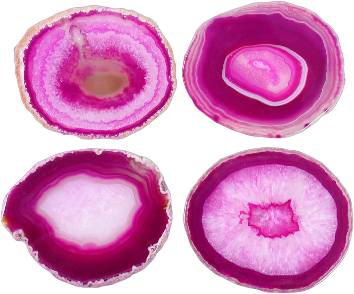 Geode Agate Slice Coasters Dyed Pink 3-4" Set of 4 Crystal Decorations Art Coaster Stone Bar Sets for the Home Drinks