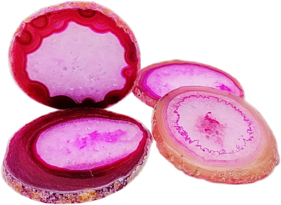 Geode Agate Slice Coasters Dyed Pink 3-4" Set of 4 Crystal Decorations Art Coaster Stone Bar Sets for the Home Drinks