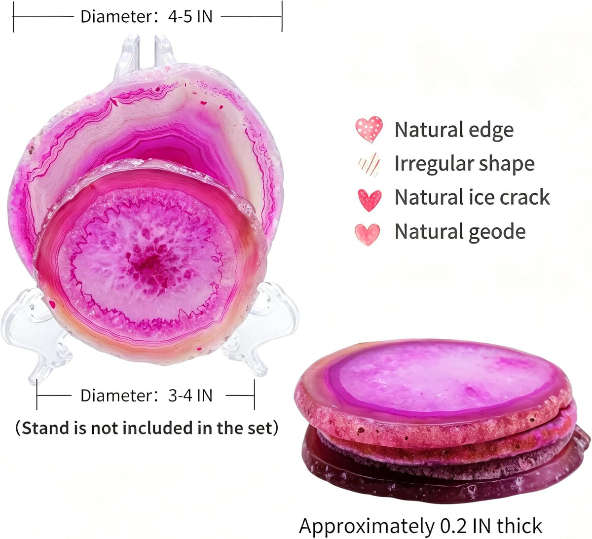 Geode Agate Slice Coasters Dyed Pink 3-4" Set of 4 Crystal Decorations Art Coaster Stone Bar Sets for the Home Drinks
