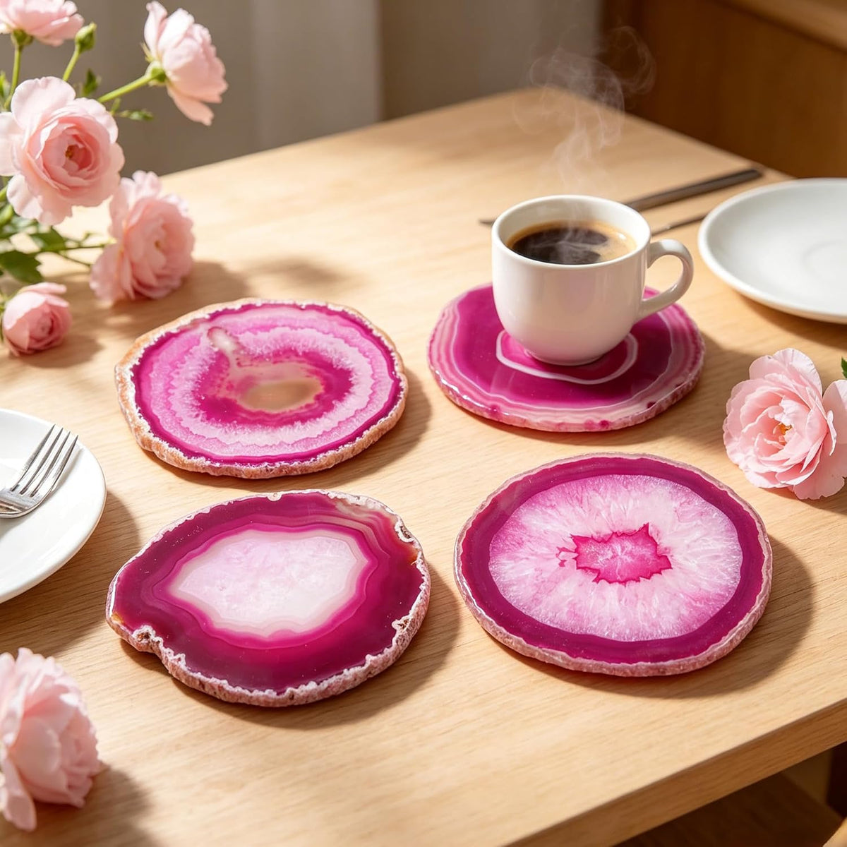 Geode Agate Slice Coasters Dyed Pink 3-4" Set of 4 Crystal Decorations Art Coaster Stone Bar Sets for the Home Drinks