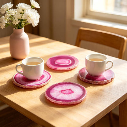 Geode Agate Slice Coasters Dyed Pink 3-4" Set of 4 Crystal Decorations Art Coaster Stone Bar Sets for the Home Drinks