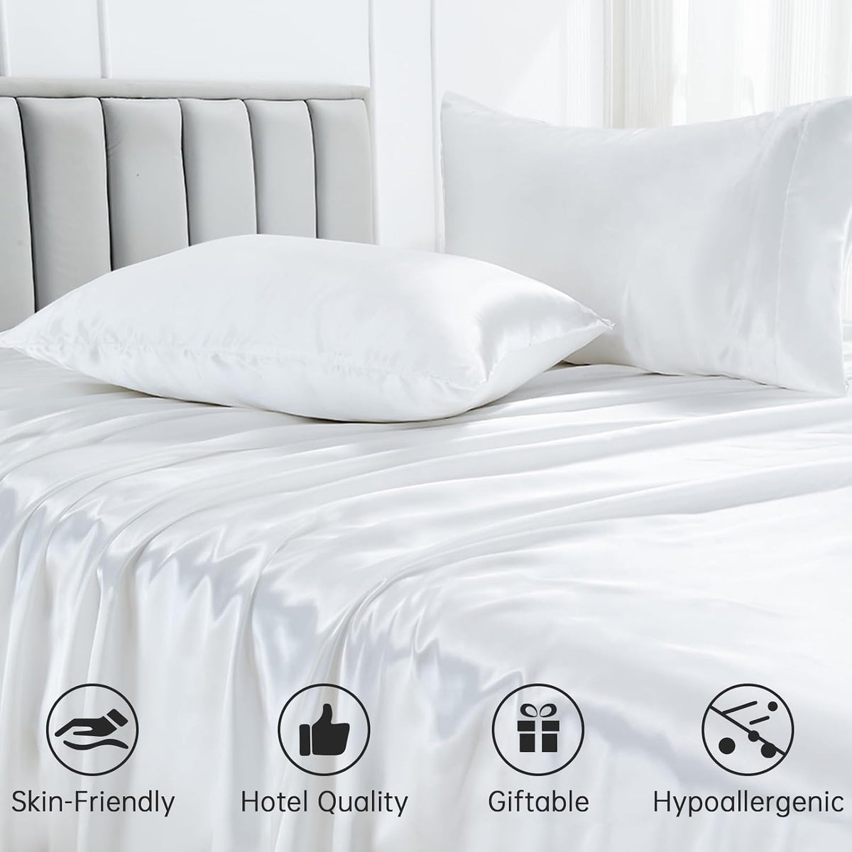 100% Satin Silk Bed Sheets, Queen Size Sheets Set, 4 Pcs Luxury Bedding Set Fits 14-18" Deep Pocket for Mattress (Solid, Peach)