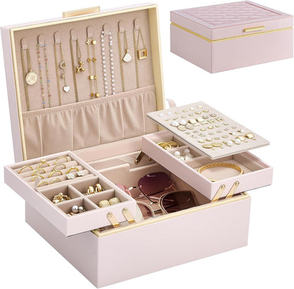 Jewelry Box for Women Girls, 2 Layer Jewelry Organizer -Pink