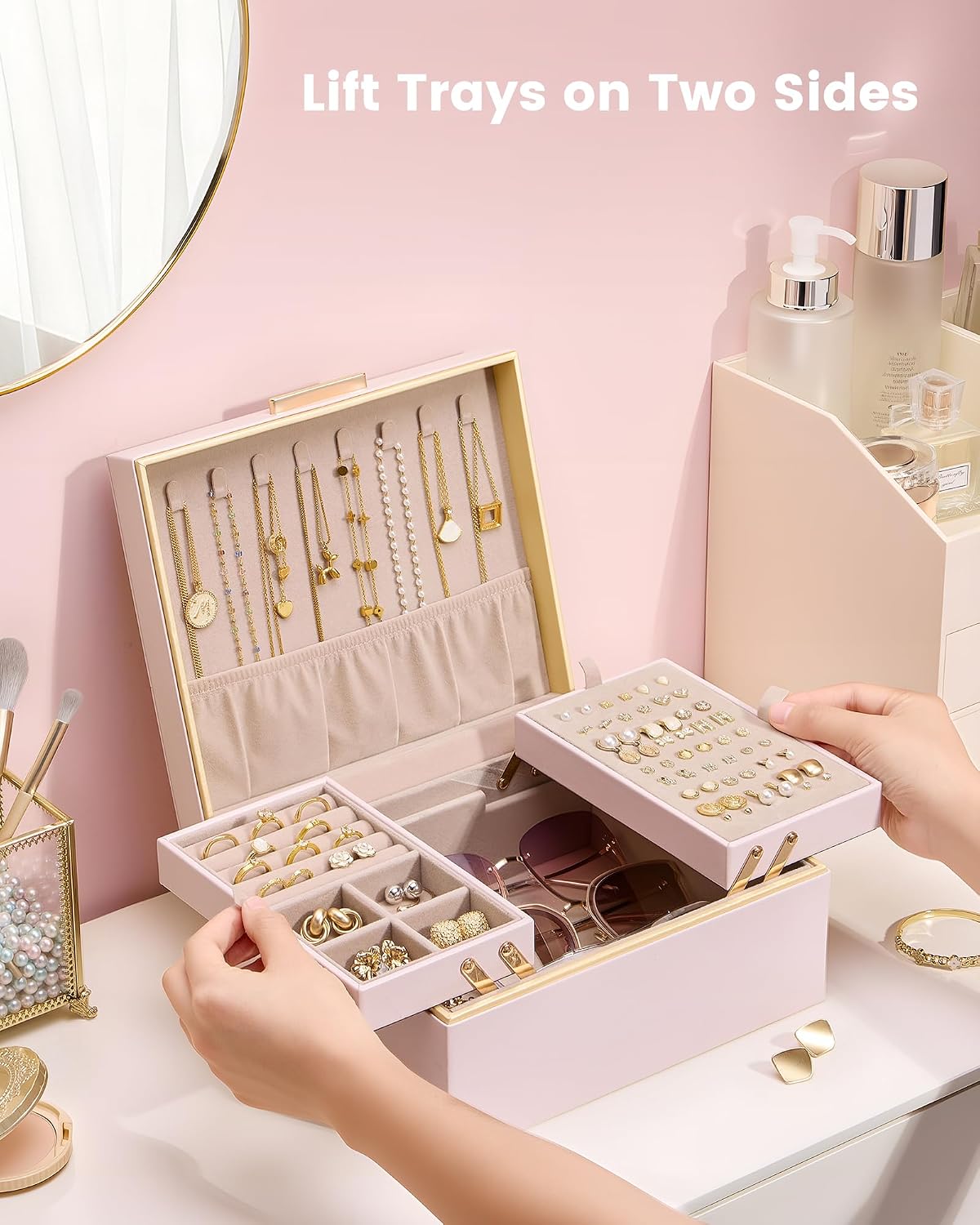 Jewelry Box for Women Girls, 2 Layer Jewelry Organizer -Pink