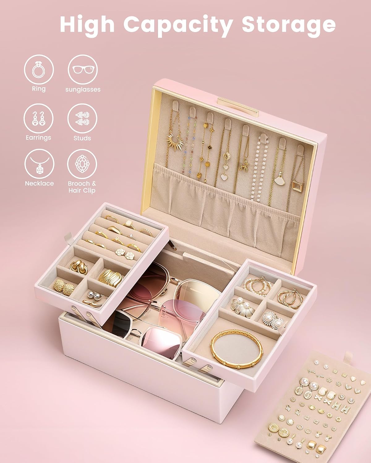 Jewelry Box for Women Girls, 2 Layer Jewelry Organizer -Pink