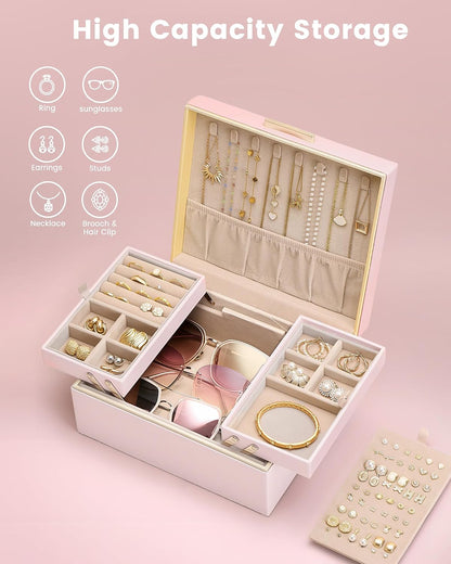 Jewelry Box for Women Girls, 2 Layer Jewelry Organizer -Pink