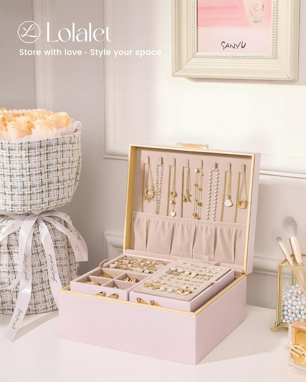 Jewelry Box for Women Girls, 2 Layer Jewelry Organizer -Pink