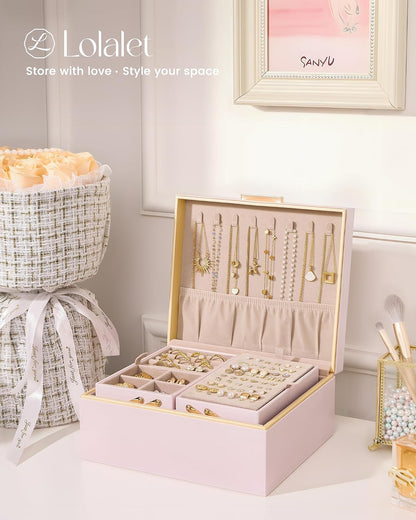 Jewelry Box for Women Girls, 2 Layer Jewelry Organizer -Pink