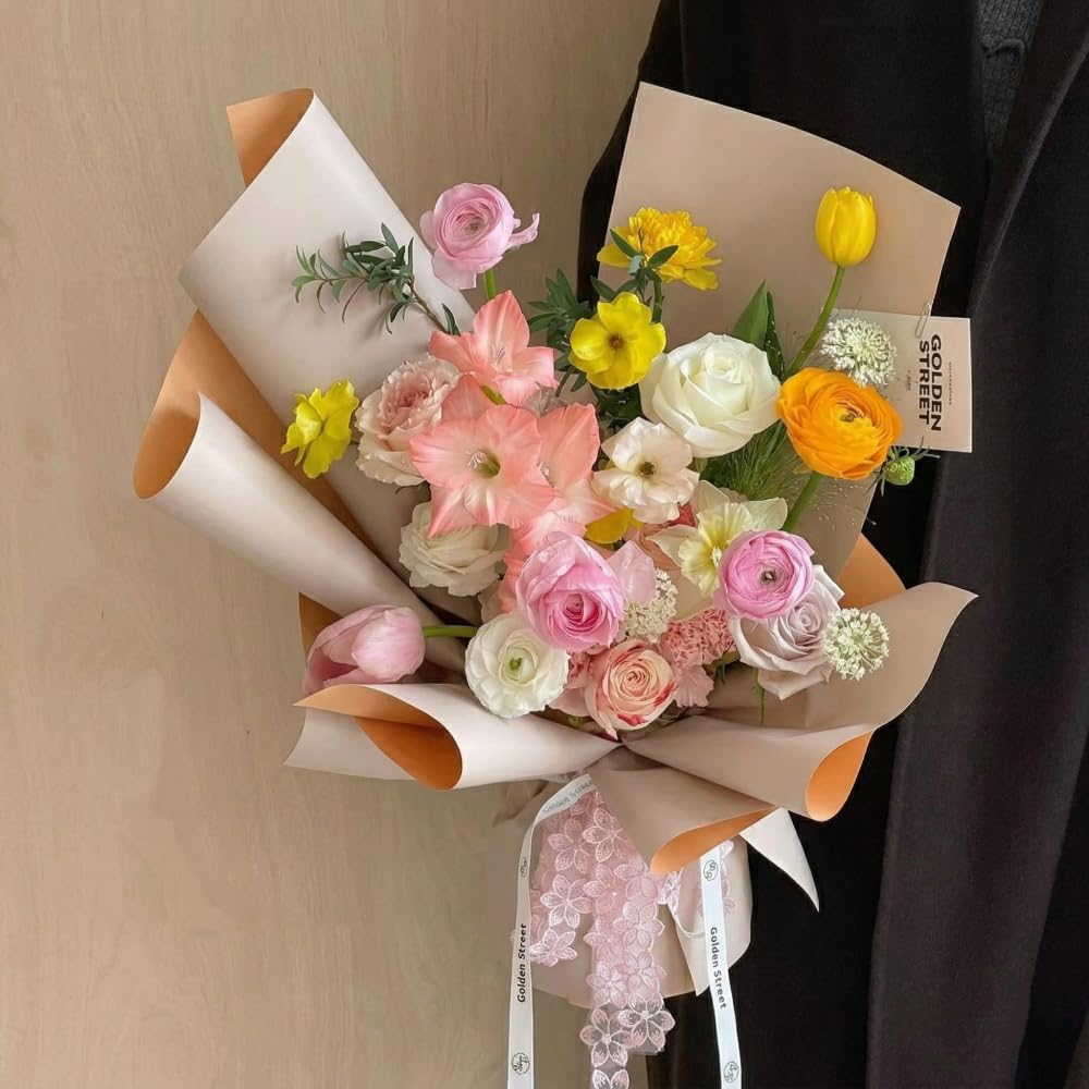 BBJ WRAPS Double Color Flower Wrapping Paper Waterproof Florist Bouquet Packaging Wraps 20 Sheets 23.6x23.6 Inch (Peach)