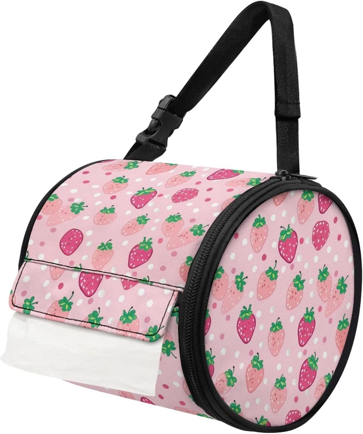Pink Strawberry Round Tissue Box Holder Home Decor Round Paper Towel Storage Bag with Zipper Easy to Clean Cylinder Paper Towel Bag Car Paper Organizer Dispenser