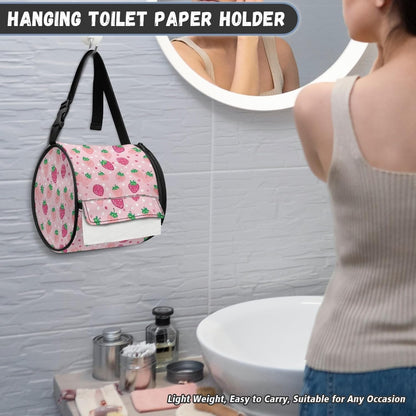 Pink Strawberry Round Tissue Box Holder Home Decor Round Paper Towel Storage Bag with Zipper Easy to Clean Cylinder Paper Towel Bag Car Paper Organizer Dispenser