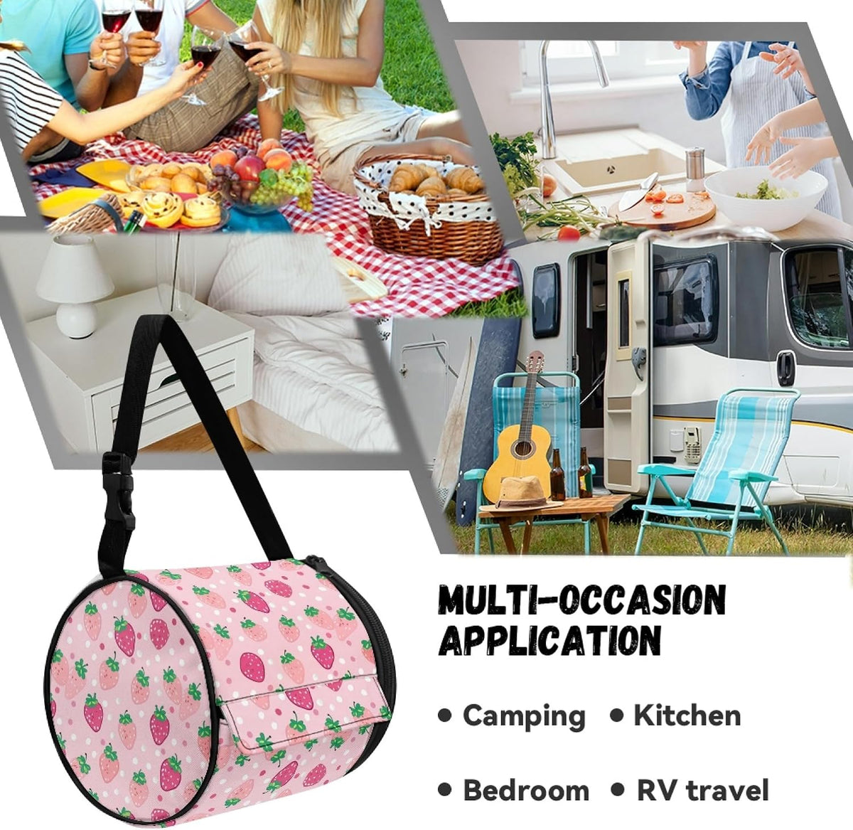 Pink Strawberry Round Tissue Box Holder Home Decor Round Paper Towel Storage Bag with Zipper Easy to Clean Cylinder Paper Towel Bag Car Paper Organizer Dispenser