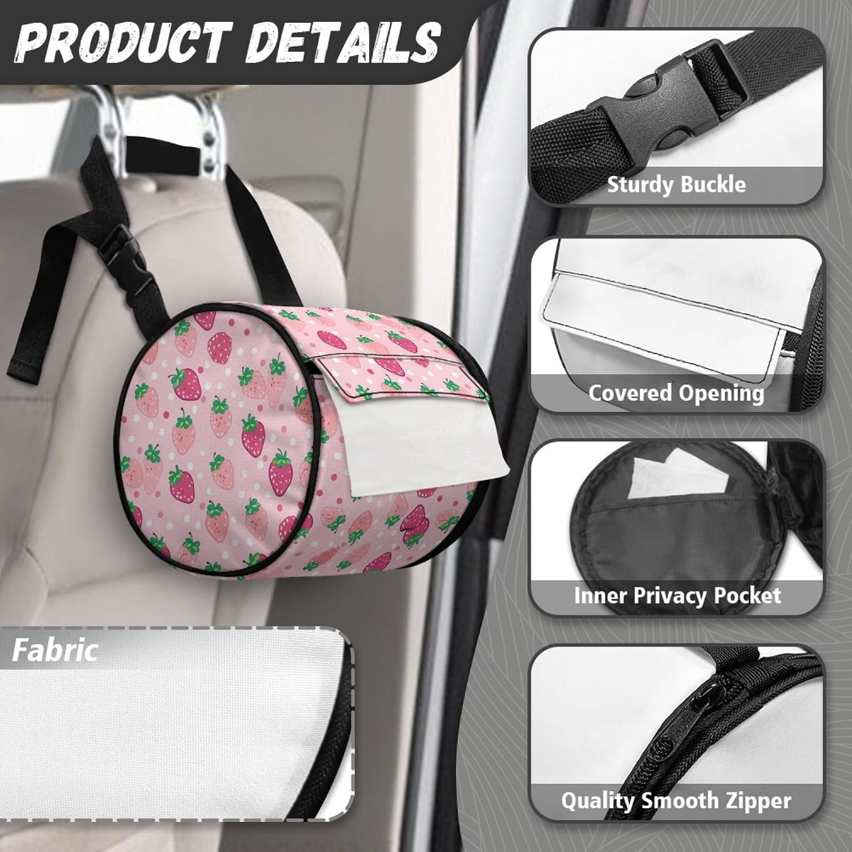 Pink Strawberry Round Tissue Box Holder Home Decor Round Paper Towel Storage Bag with Zipper Easy to Clean Cylinder Paper Towel Bag Car Paper Organizer Dispenser