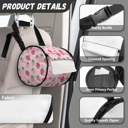 Pink Strawberry Round Tissue Box Holder Home Decor Round Paper Towel Storage Bag with Zipper Easy to Clean Cylinder Paper Towel Bag Car Paper Organizer Dispenser