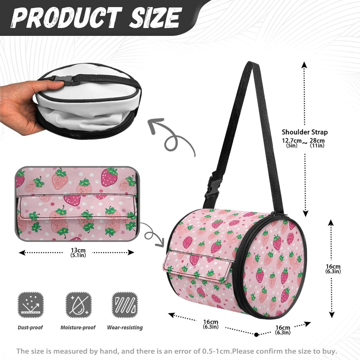 Pink Strawberry Round Tissue Box Holder Home Decor Round Paper Towel Storage Bag with Zipper Easy to Clean Cylinder Paper Towel Bag Car Paper Organizer Dispenser