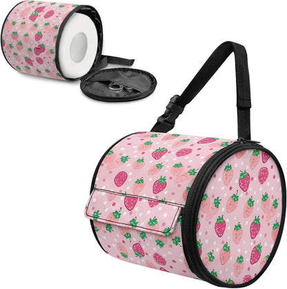 Pink Strawberry Round Tissue Box Holder Home Decor Round Paper Towel Storage Bag with Zipper Easy to Clean Cylinder Paper Towel Bag Car Paper Organizer Dispenser