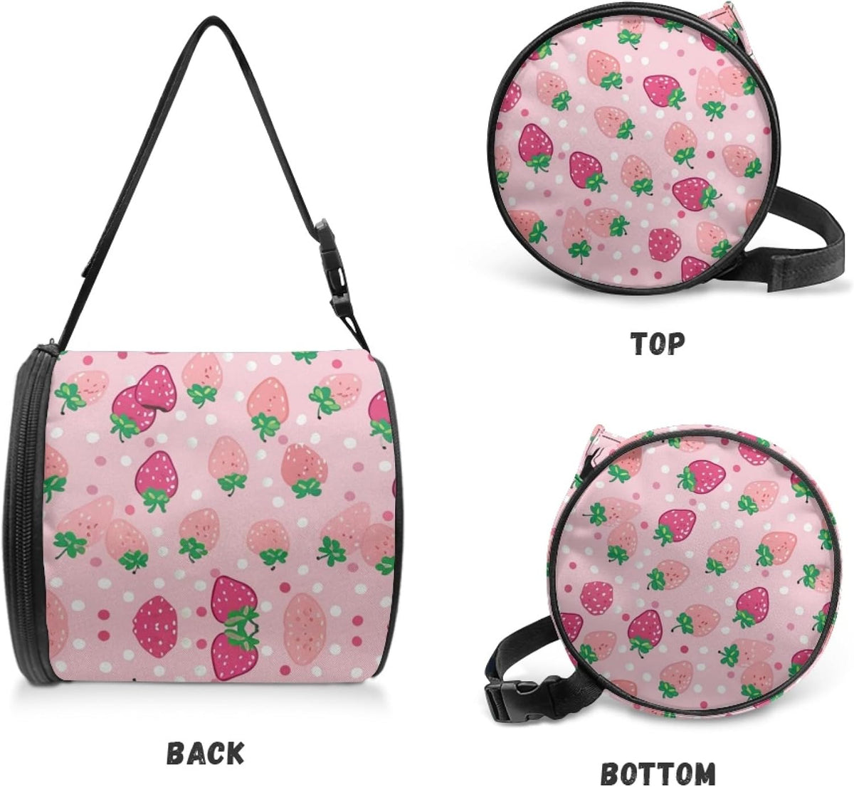 Pink Strawberry Round Tissue Box Holder Home Decor Round Paper Towel Storage Bag with Zipper Easy to Clean Cylinder Paper Towel Bag Car Paper Organizer Dispenser