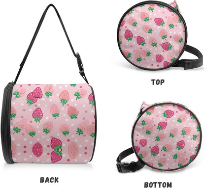 Pink Strawberry Round Tissue Box Holder Home Decor Round Paper Towel Storage Bag with Zipper Easy to Clean Cylinder Paper Towel Bag Car Paper Organizer Dispenser