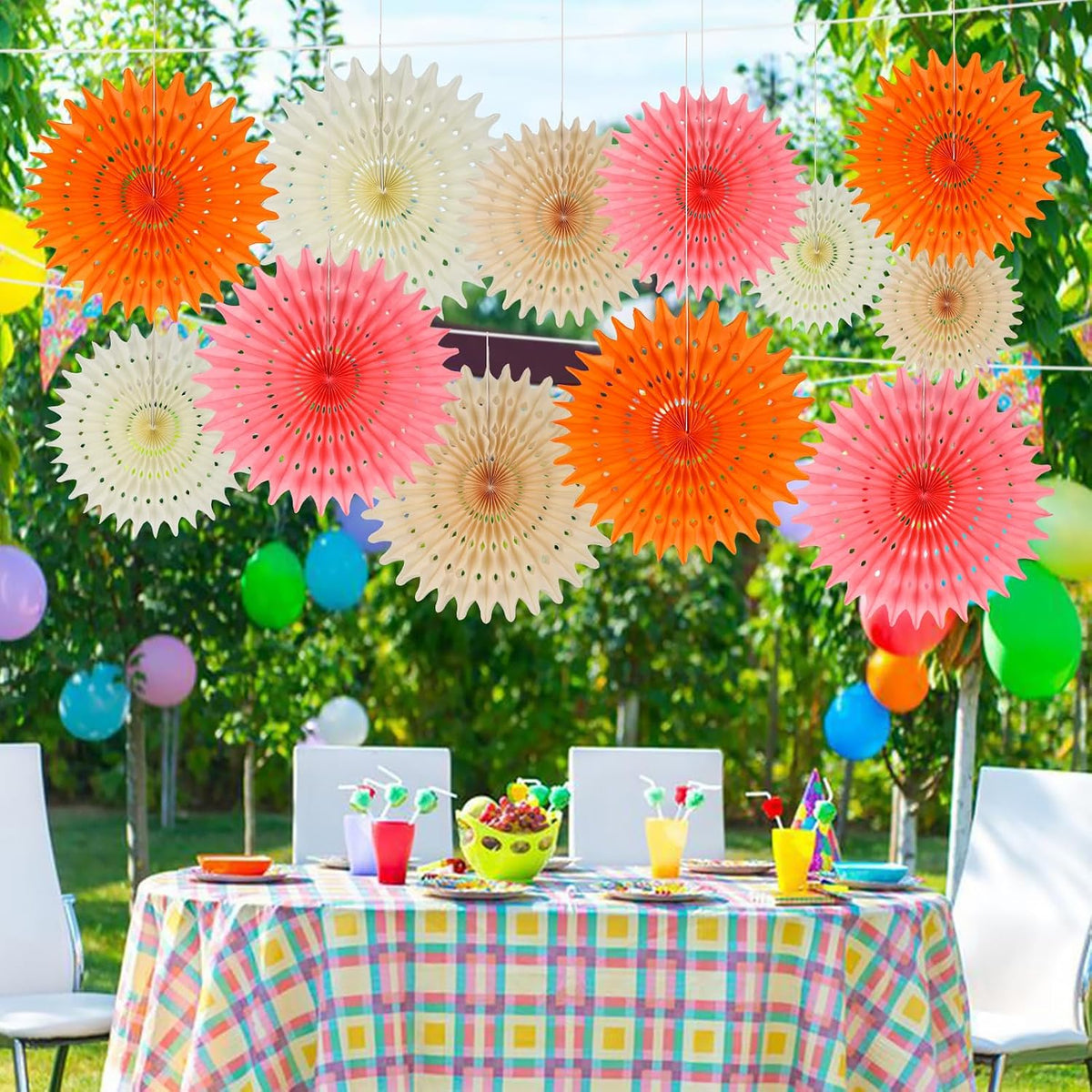 12PCS Paper Fans Peach and Pink Party Decorations Tissue Paper Flowers Decorations for Girl Groovy Birthday Baby Shower Wedding Bachelorette Room Wall Hanging Décor