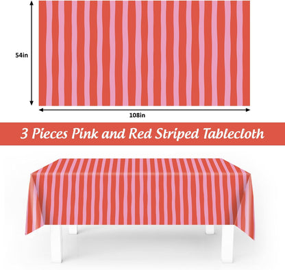 Striped Tablecloth Pink Red Waterproof for Party Table Decoration