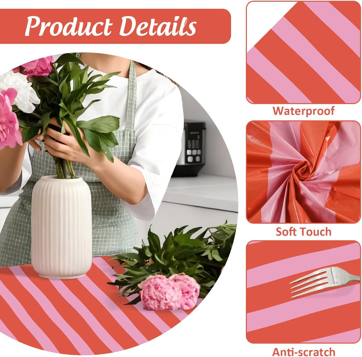 Striped Tablecloth Pink Red Waterproof for Party Table Decoration
