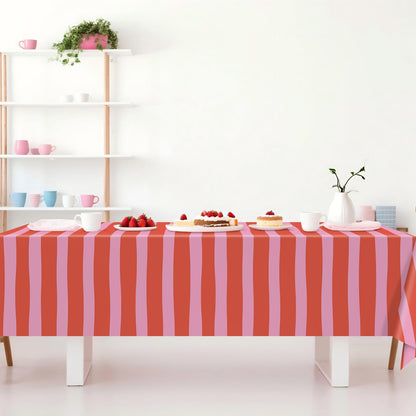 Striped Tablecloth Pink Red Waterproof for Party Table Decoration