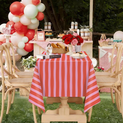 Striped Tablecloth Pink Red Waterproof for Party Table Decoration