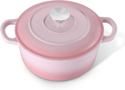 3 Qt Enameled Cast Iron Dutch Oven with Lid, Small Round Nonstick Dutch Oven Pot for Bread Baking Braising Stews Roasting Cooking, Heavy Duty, Induction & Oven Safe - Pink