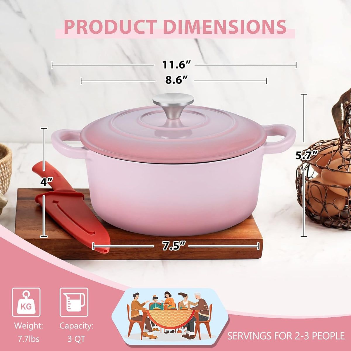 3 Qt Enameled Cast Iron Dutch Oven with Lid, Small Round Nonstick Dutch Oven Pot for Bread Baking Braising Stews Roasting Cooking, Heavy Duty, Induction & Oven Safe - Pink