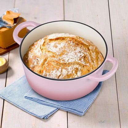 3 Qt Enameled Cast Iron Dutch Oven with Lid, Small Round Nonstick Dutch Oven Pot for Bread Baking Braising Stews Roasting Cooking, Heavy Duty, Induction & Oven Safe - Pink