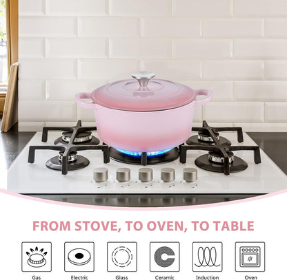 3 Qt Enameled Cast Iron Dutch Oven with Lid, Small Round Nonstick Dutch Oven Pot for Bread Baking Braising Stews Roasting Cooking, Heavy Duty, Induction & Oven Safe - Pink