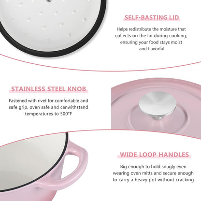 3 Qt Enameled Cast Iron Dutch Oven with Lid, Small Round Nonstick Dutch Oven Pot for Bread Baking Braising Stews Roasting Cooking, Heavy Duty, Induction & Oven Safe - Pink