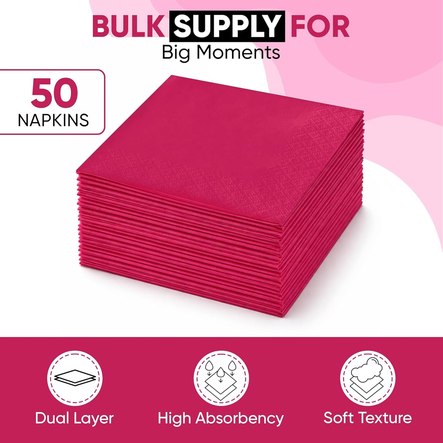Perfect Stix Pink Beverage Napkins, 2-Ply, Disposable Cocktail Napkins for Party, Dinner, Wedding, Birthday, 50 Count