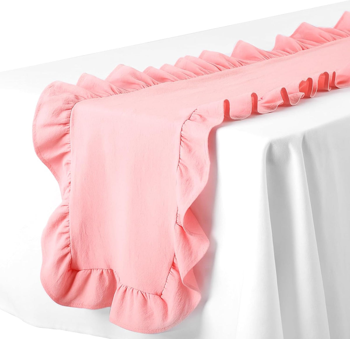 Pink Ruffled Table Runner 118 Inches Long, Scalloped Edge