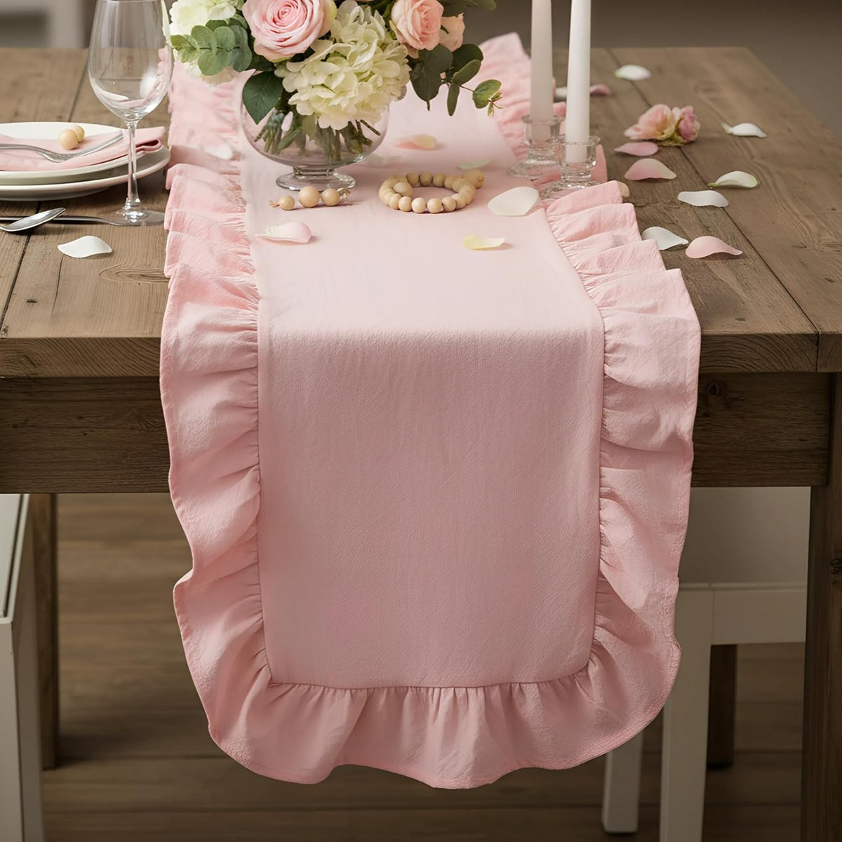 Pink Ruffled Table Runner 118 Inches Long, Scalloped Edge