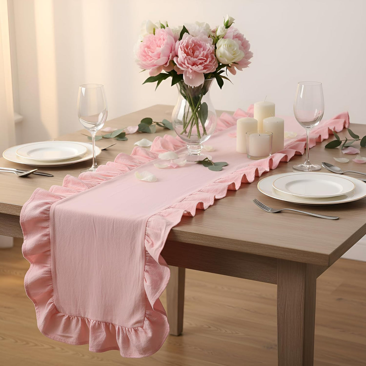 Pink Ruffled Table Runner 118 Inches Long, Scalloped Edge