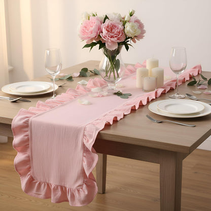 Pink Ruffled Table Runner 118 Inches Long, Scalloped Edge