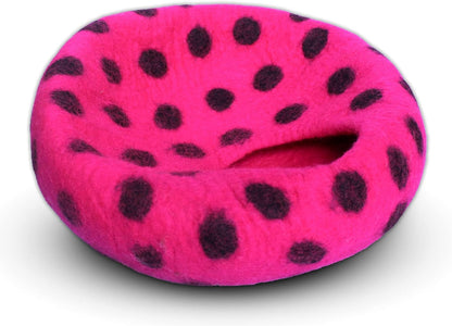 Premium Felt Cat Cave Bed – Wool Kitty Beds Handcrafted Kitten Caves Bed for Indoor Cats - Made from Merino Wool, Foldable Cat Hideaway Covered Cat House Pod (Pink Polka)