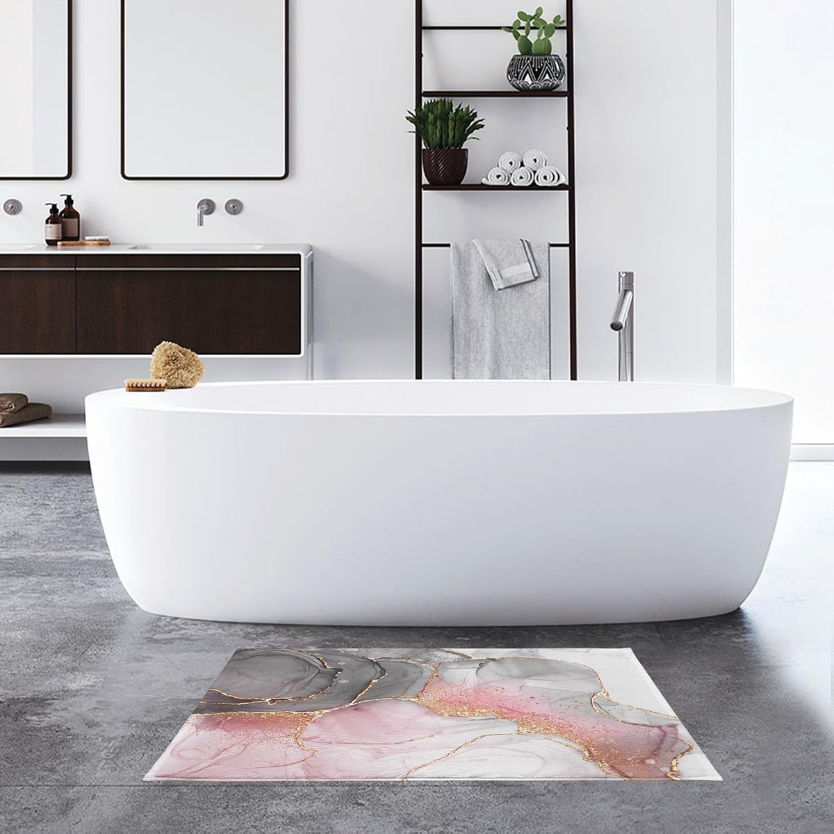 Grey Texture Bath Mat for Bathroom, Pink and Black Marble Texture Modern Abstract Bathroom Rug, Black and White Non Slip Absorbent Bathroom Mat Doormat, 24x16 Inch