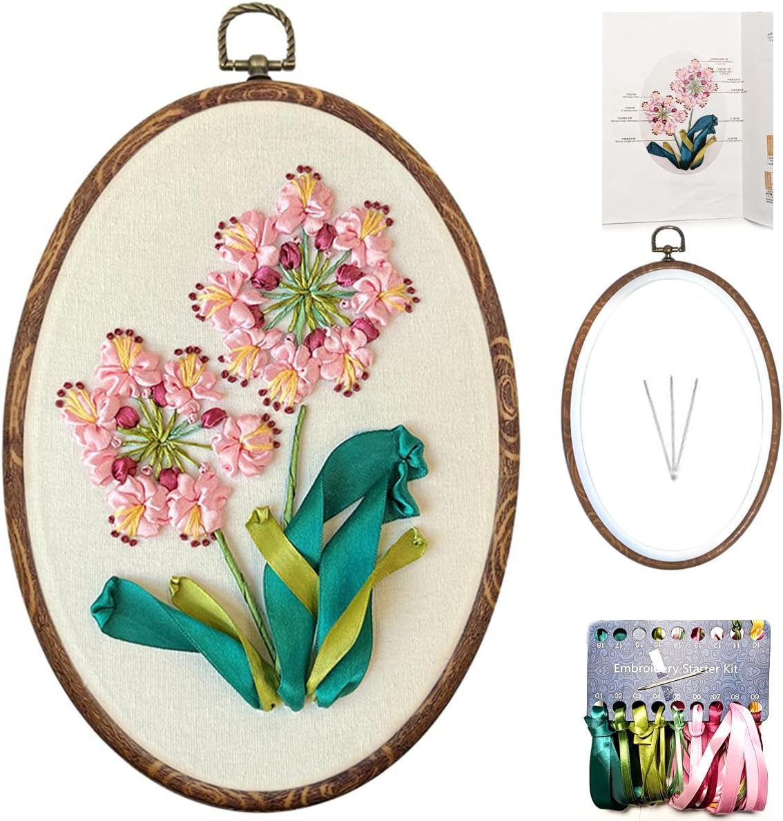 Ribbon Embroidery 3D Flowers Pattern Design Kit Embroidery DIY Handwork Set Oval Home Decoration (Pink Crabapple)