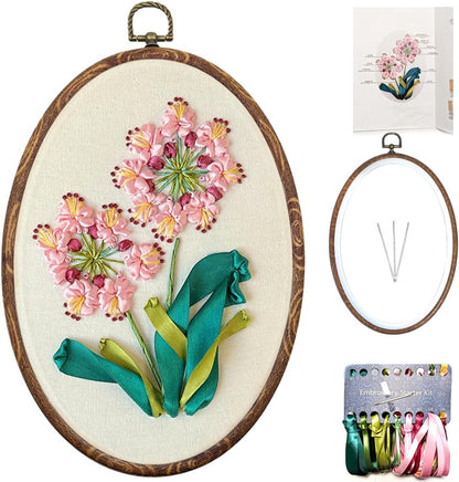 Ribbon Embroidery 3D Flowers Pattern Design Kit Embroidery DIY Handwork Set Oval Home Decoration (Pink Crabapple)