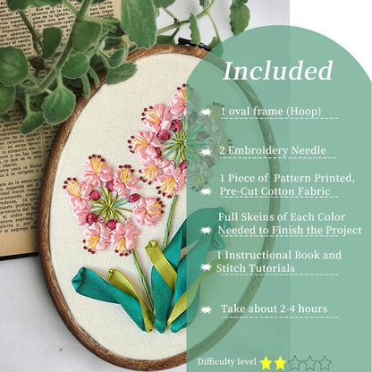 Ribbon Embroidery 3D Flowers Pattern Design Kit Embroidery DIY Handwork Set Oval Home Decoration (Pink Crabapple)