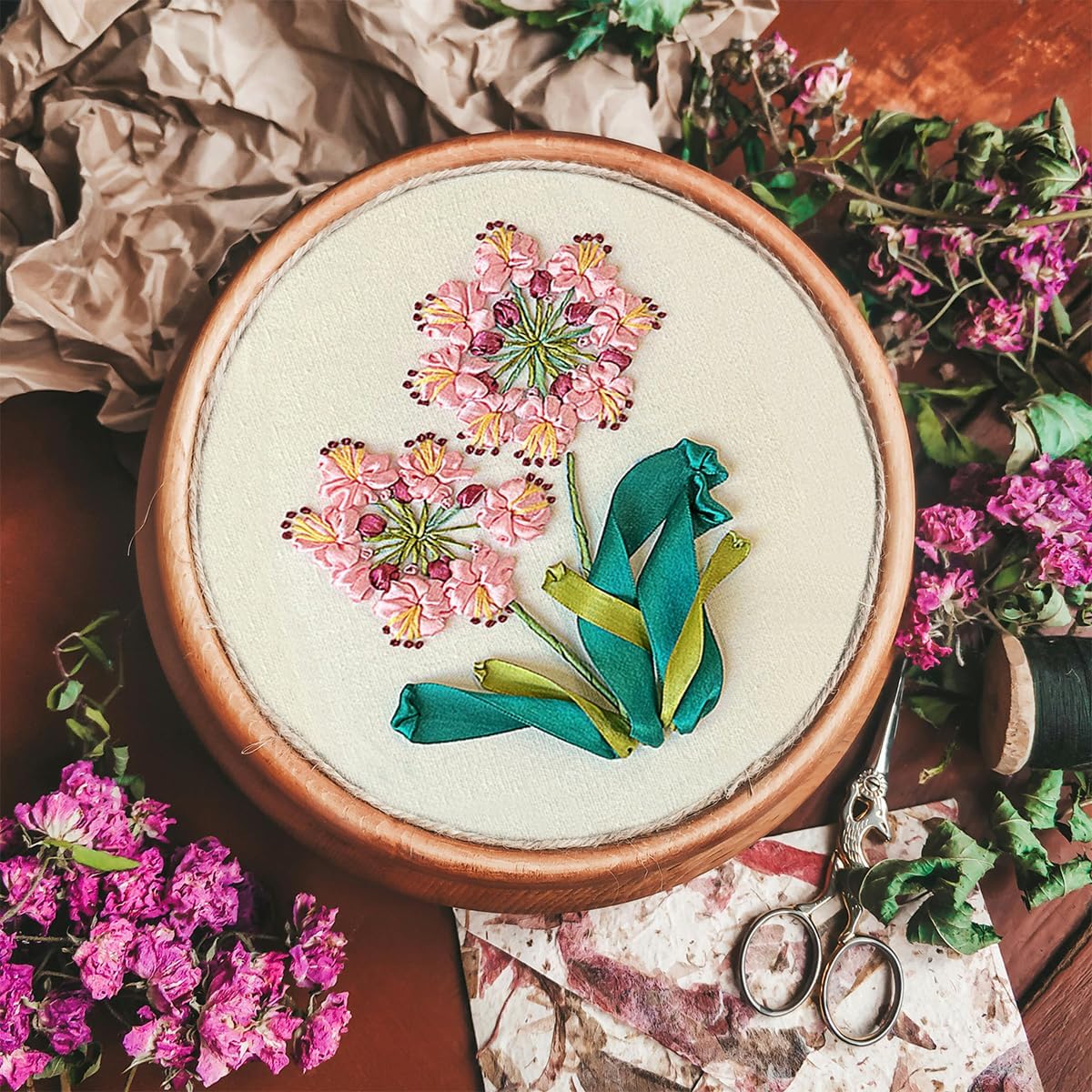 Ribbon Embroidery 3D Flowers Pattern Design Kit Embroidery DIY Handwork Set Oval Home Decoration (Pink Crabapple)