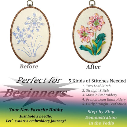 Ribbon Embroidery 3D Flowers Pattern Design Kit Embroidery DIY Handwork Set Oval Home Decoration (Pink Crabapple)