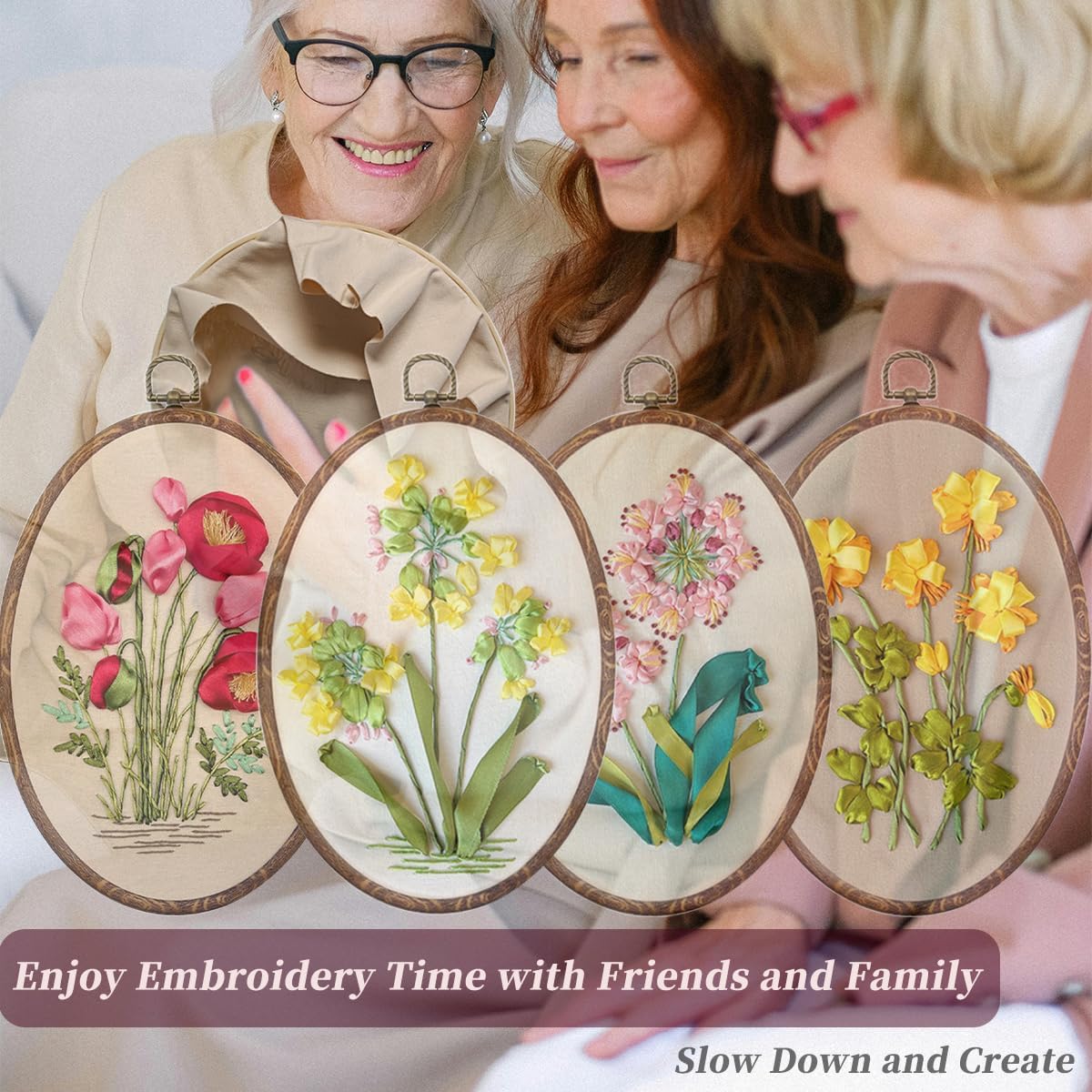 Ribbon Embroidery 3D Flowers Pattern Design Kit Embroidery DIY Handwork Set Oval Home Decoration (Pink Crabapple)