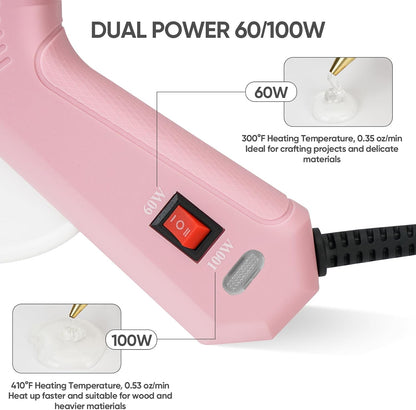 Full Size Hot Glue Gun with 60/100W Dual Power and 21 Hot Glue Sticks (7/16"), Fast Preheating Heavy Duty Industrial Gluegun with Storage Case for Crafting, DIY and Repairs (Pink)