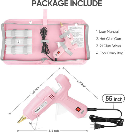 Full Size Hot Glue Gun with 60/100W Dual Power and 21 Hot Glue Sticks (7/16"), Fast Preheating Heavy Duty Industrial Gluegun with Storage Case for Crafting, DIY and Repairs (Pink)