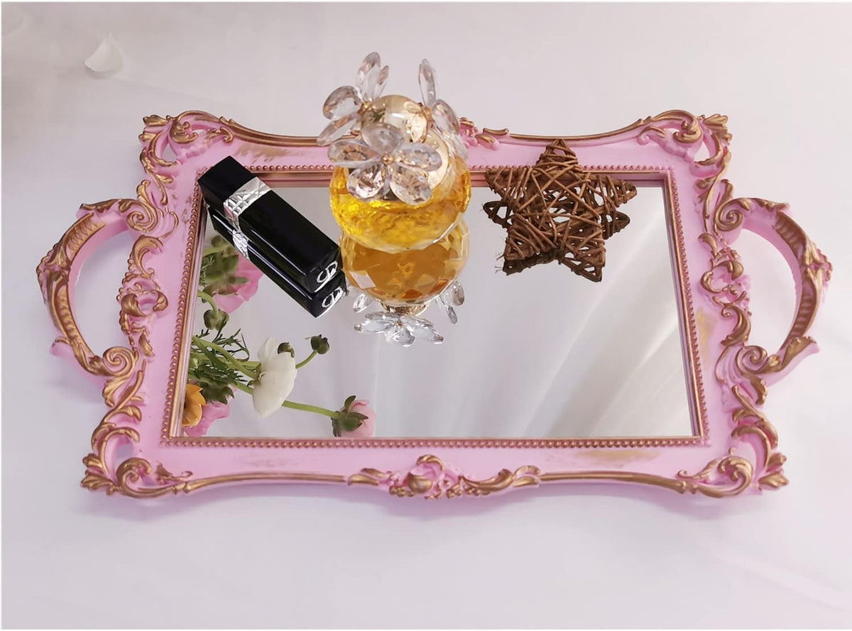 Small Rectangle Decorative Mirror Tray, French Style, Makeup Organizer, Jewelry Organizer, Serving Tray, 13"x 7.8", Golden Pink