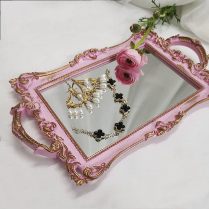 Small Rectangle Decorative Mirror Tray, French Style, Makeup Organizer, Jewelry Organizer, Serving Tray, 13"x 7.8", Golden Pink