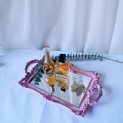 Small Rectangle Decorative Mirror Tray, French Style, Makeup Organizer, Jewelry Organizer, Serving Tray, 13"x 7.8", Golden Pink